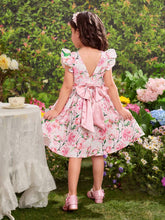 Young Girl Ditsy Floral Round Neck Ruffle Trim Bowknot Design Woven Dress